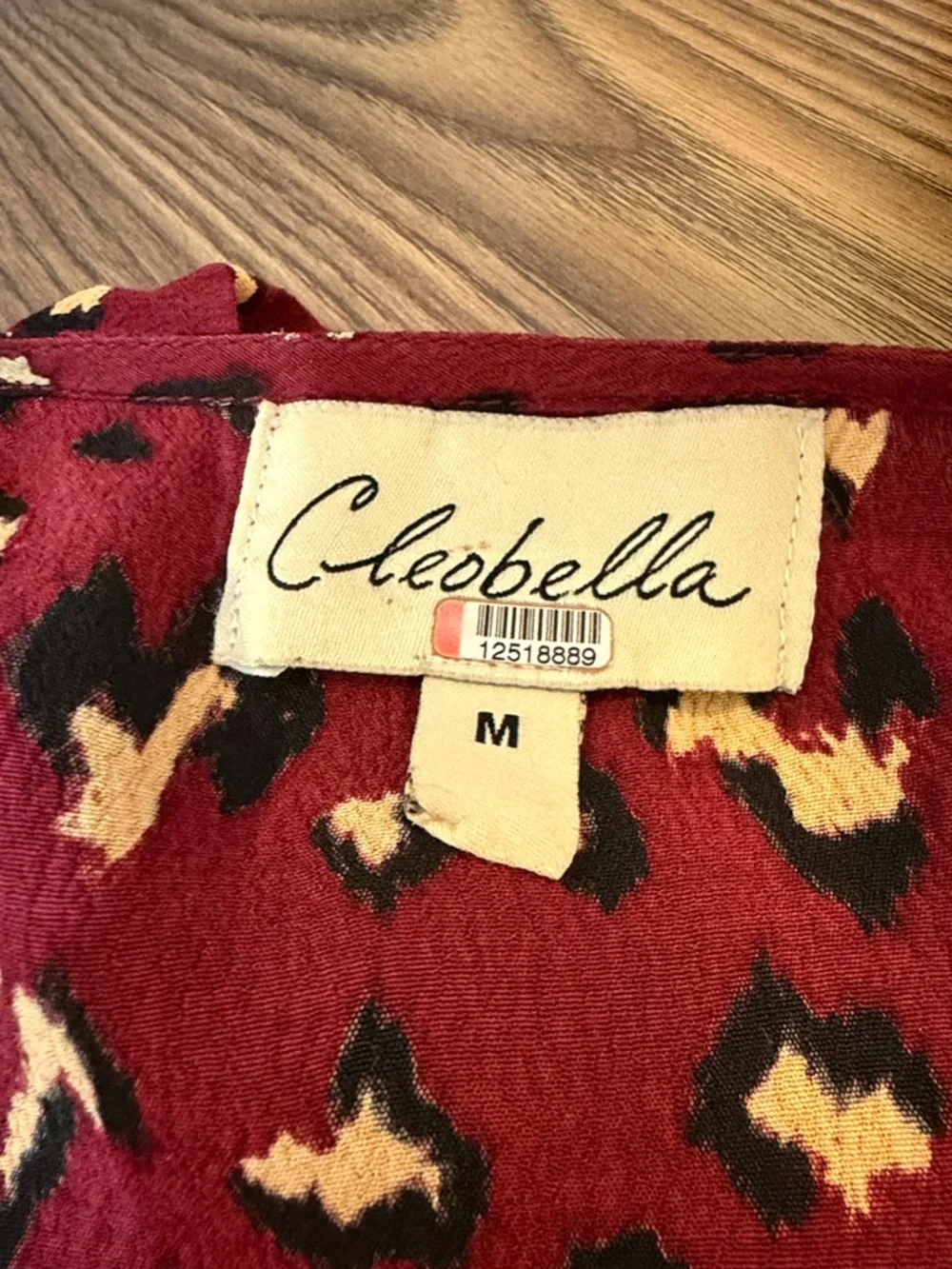 Cleobella Burgundy Leopard Print Wrap‎ Midi Dress 3/4 Sleeve Boho M